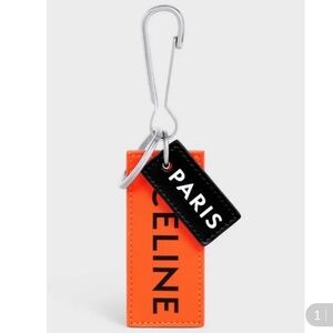 Celine‎ Calfskin Leather Keyring Tag Orange Black Logo Print Unisex One Size